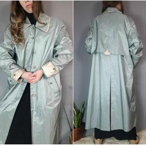 Vintage 80s Rain Coat British Mist Shimmer Muted Long Duster Jacket l